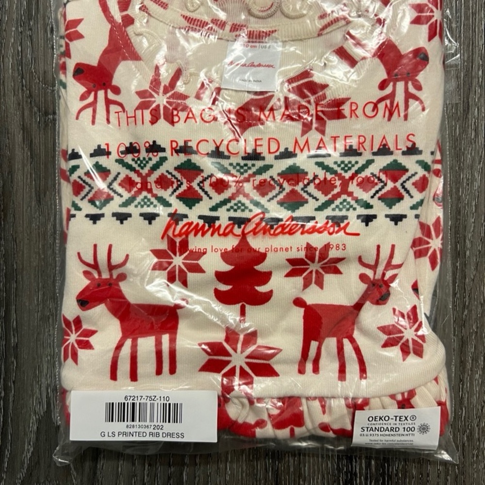 Hanna Andersson LS Dear Deer Ribbed Dress, Cream/Multi - Size 110 (US 5) (NIP)